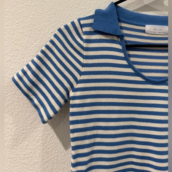 Oak + Fort Knit Blue White Striped Cropped Collared Short Sleeve Tee Size Small - Picture 3 of 14